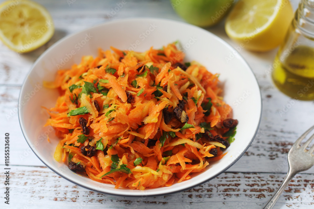 A bowl with traditional Polish carrot salad A bowl with traditional Polish carrot salad