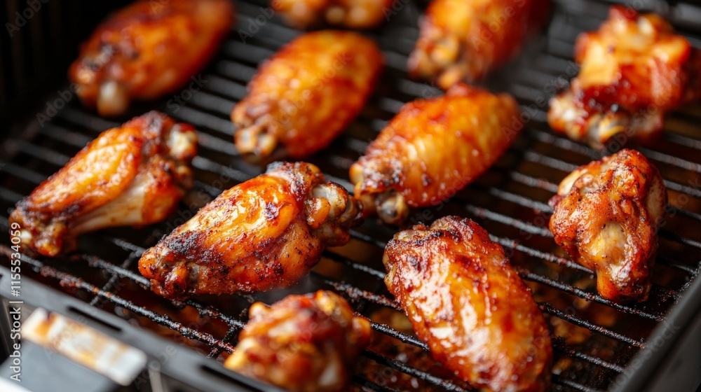 Grilled Chicken Wings on a BBQ Grill with Charred Skin, Perfectly Cooked for Outdoor Gatherings and Summer Parties, Ideal for Sports Events and Family Celebrations Grilled Chicken Wings on a BBQ Grill with Charred Skin, Perfectly Cooked for Outdoor Gatherings and Summer Parties, Ideal for Sports Events and Family Celebrations