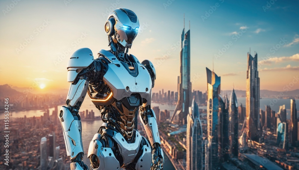 humanoid robot with futuristic white armor standing in front of the futuristic city skyline, sunset humanoid robot with futuristic white armor standing in front of the futuristic city skyline, sunset