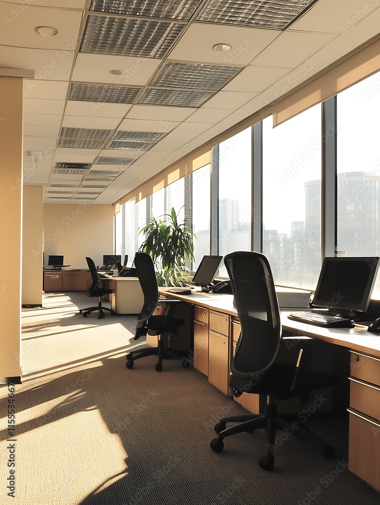 Fototapeta premium Modern Open Plan Office with Computers and Natural Light Through Large Windows : Generative AI