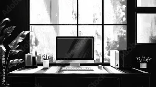 Minimalist Office Workspace with Black and White Aesthetic Featuring a Computer, Plants, and Organized Desk Essentials in Natural Light