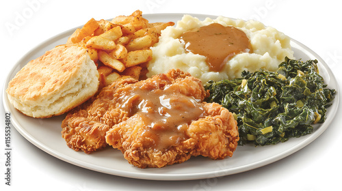 A Southern-inspired comfort food platter featuring crispy fried chicken, fluffy buttermilk biscuits, creamy mashed potatoes smothered in gravy, and sautéed collard greens served on a white ceramic  photo