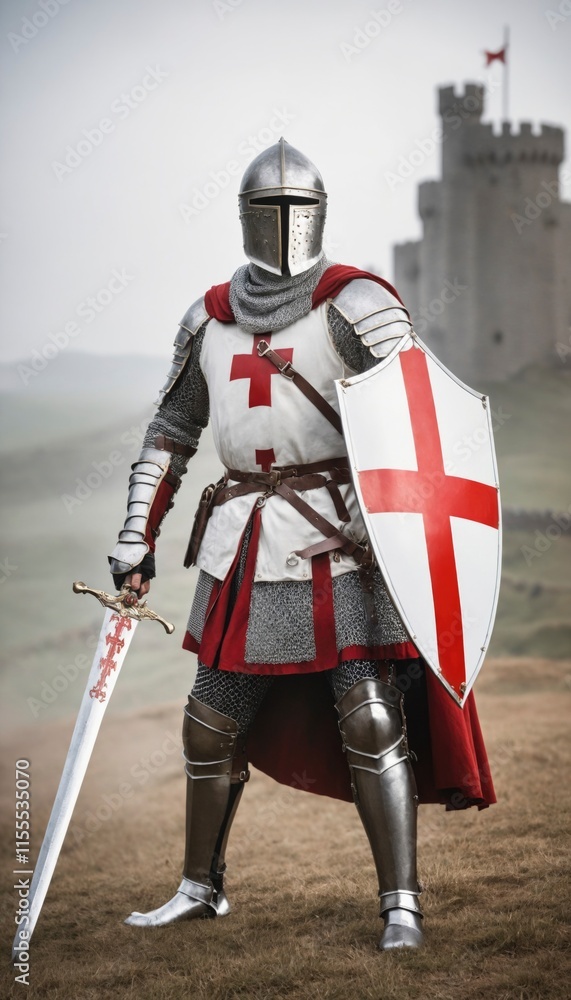 Obraz premium Old medieval Knights Templar warrior standing in a heroic pose. He is wearing white robes with a bold red Templar cross on his chest, over a full suit of chainmail armor