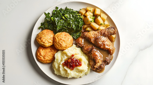 A Southern-inspired comfort food platter featuring crispy fried chicken, fluffy buttermilk biscuits, creamy mashed potatoes smothered in gravy, and sautéed collard greens served on a white ceramic  photo