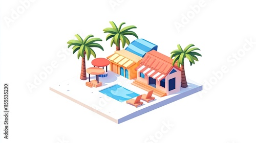 This is a stylized, isometric illustration of a small beach resort with three colorful huts, a pool, palm trees, and patio furniture photo