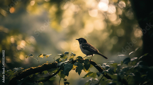 Serene Bird Perched on Branch in Golden Forest Light photo