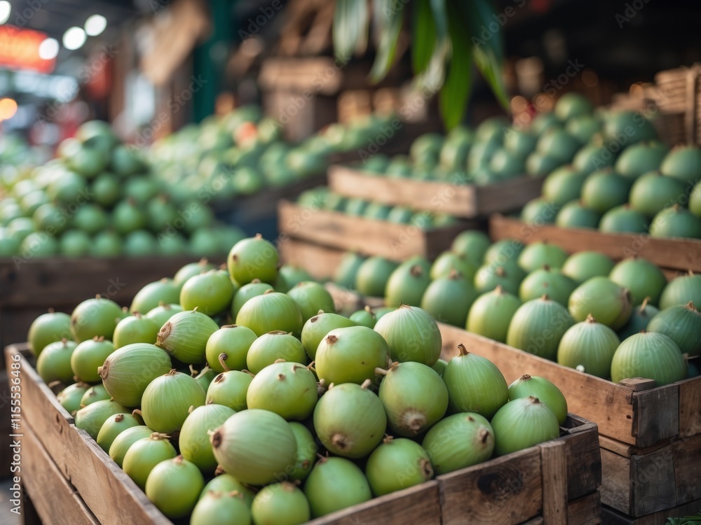 Freshly Harvested Green Pandanus Fruits Displayed in Wooden Crates at a Local Market Freshly Harvested Green Pandanus Fruits Displayed in Wooden Crates at a Local Market