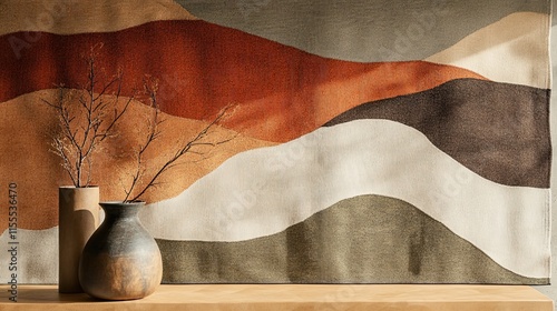 A vase with a plant in it sits on a table next to a rug with a mountain range pa photo