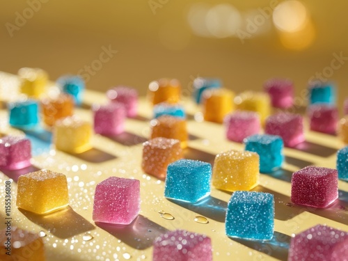 Colorful gummy squares sparkle under bright sunlight on yellow background photo