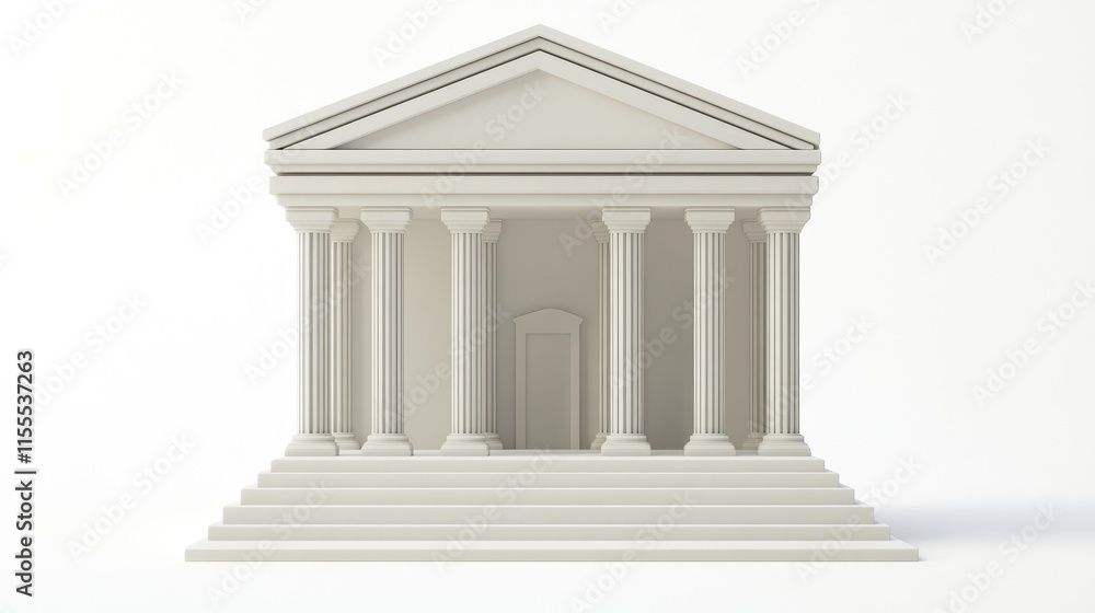 A 3D rendering of a simplified, classical building. It features a white facade, symmetrical columns, a pediment, and a tiered base A 3D rendering of a simplified, classical building. It features a white facade, symmetrical columns, a pediment, and a tiered base