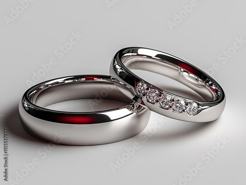 A couple of white gold wedding rings with diamonds on them photo