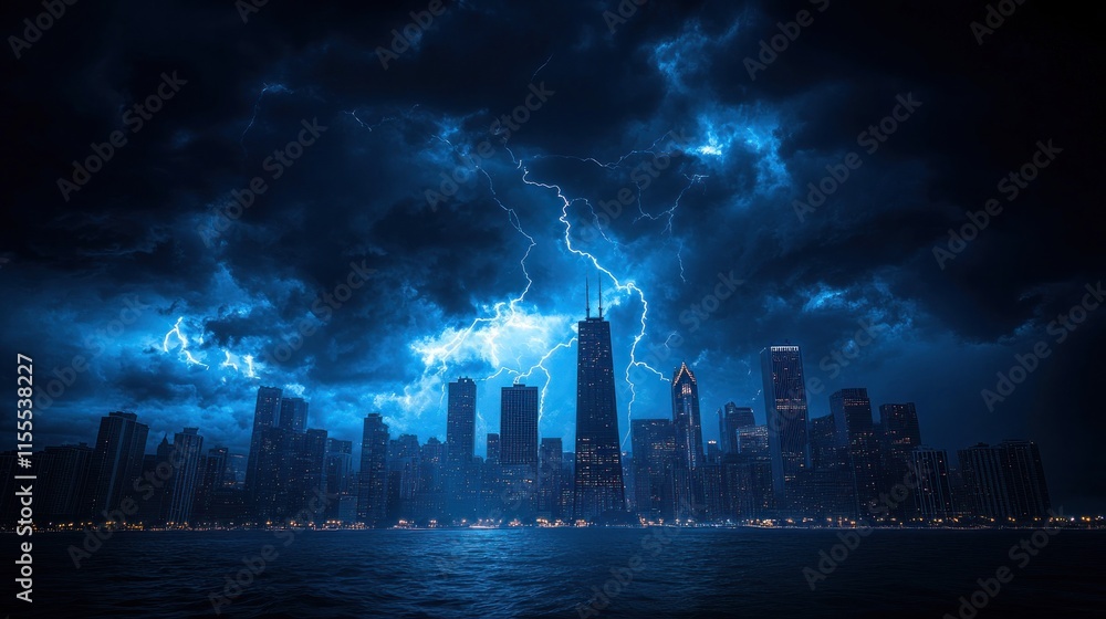 Fototapeta premium City skyline with dramatic lightning storm.