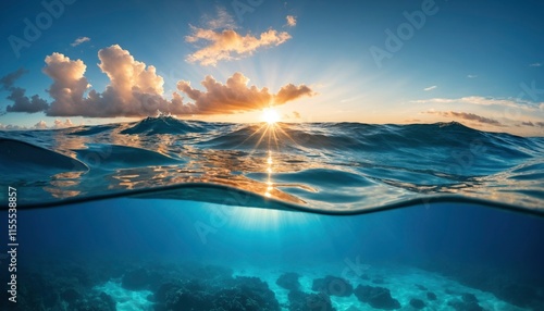 a tropical ocean upside down, i half of the image under water half above water photo