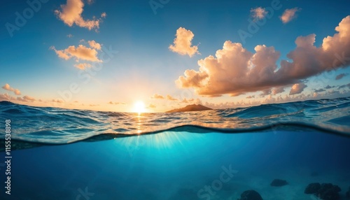 a tropical ocean upside down, i half of the image under water half above water