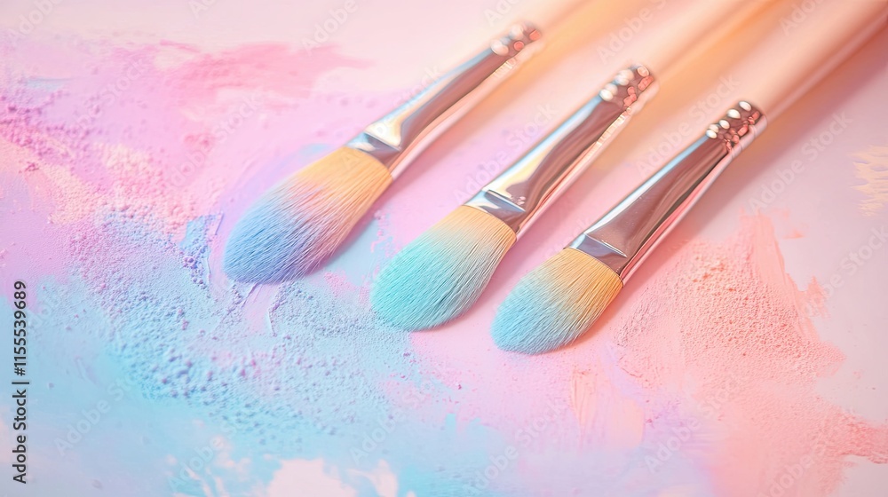 Fototapeta premium Three paintbrushes with different colors on a pink background