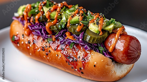 Gourmet hot dog with avocado, slaw, pickles, and sauce. photo