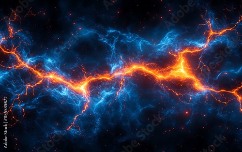 Bright electric blue and orange lightning veins branching out like roots, glowing vividly against a deep black background, symbolizing energy flow photo