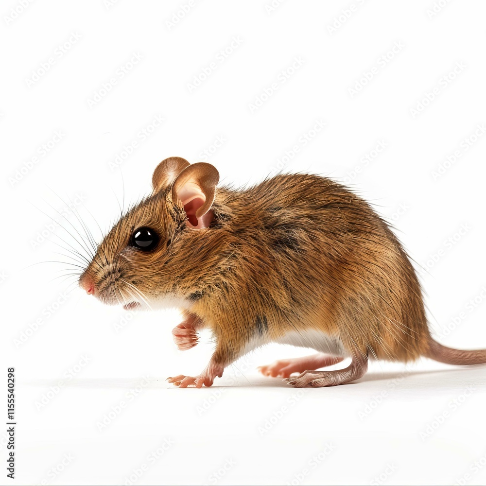 Small brown house mouse walking on a seamless white background Small brown house mouse walking on a seamless white background