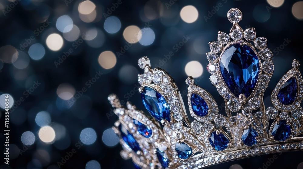 A close-up of a magnificent crown with deep blue gemstones, set in a background of sparkling bokeh lights. A close-up of a magnificent crown with deep blue gemstones, set in a background of sparkling bokeh lights.