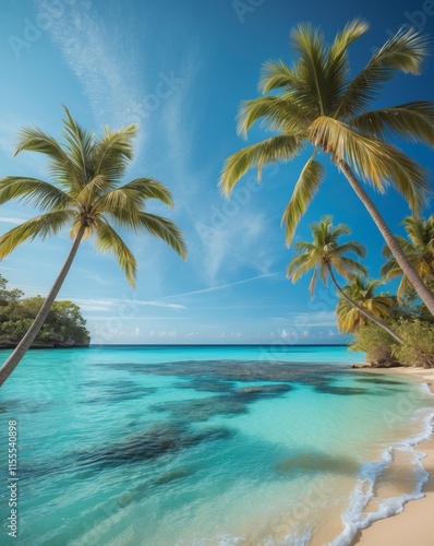 A tropical island with palm trees and a body of water photo