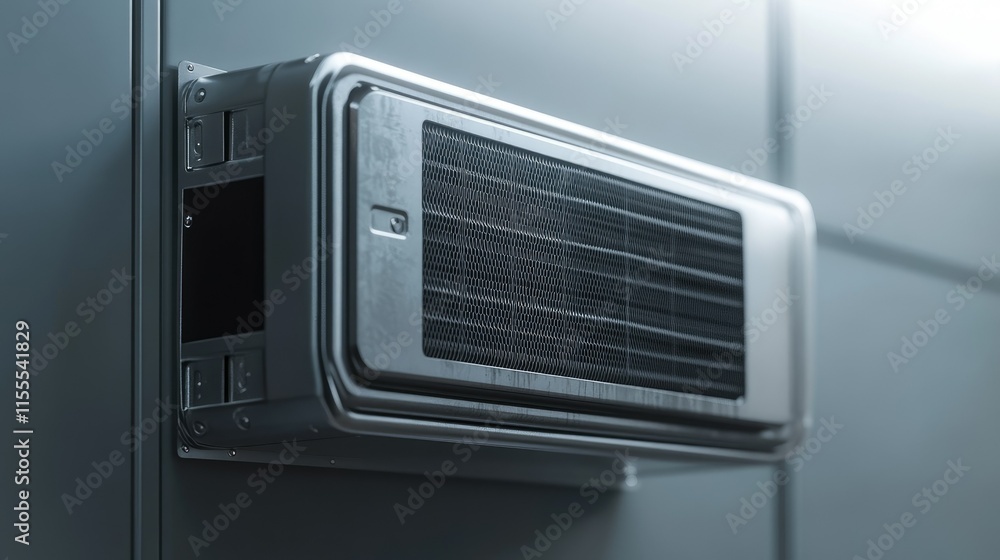 A close-up of a wall-mounted air conditioner with a protective cover and sturdy brackets. A close-up of a wall-mounted air conditioner with a protective cover and sturdy brackets.