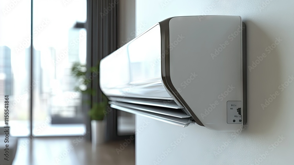 A close-up of a wall-mounted air conditioner with a protective cover and sturdy brackets. A close-up of a wall-mounted air conditioner with a protective cover and sturdy brackets.