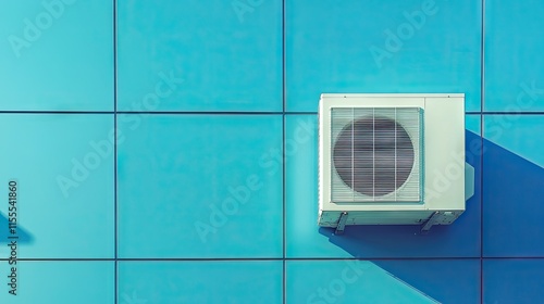 A close-up of a wall-mounted outdoor air conditioning unit with clean, minimalist design. photo