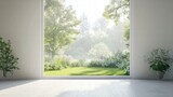 Bright garden seen through a large window creates a serene and inviting atmosphere indoors. Generative AI