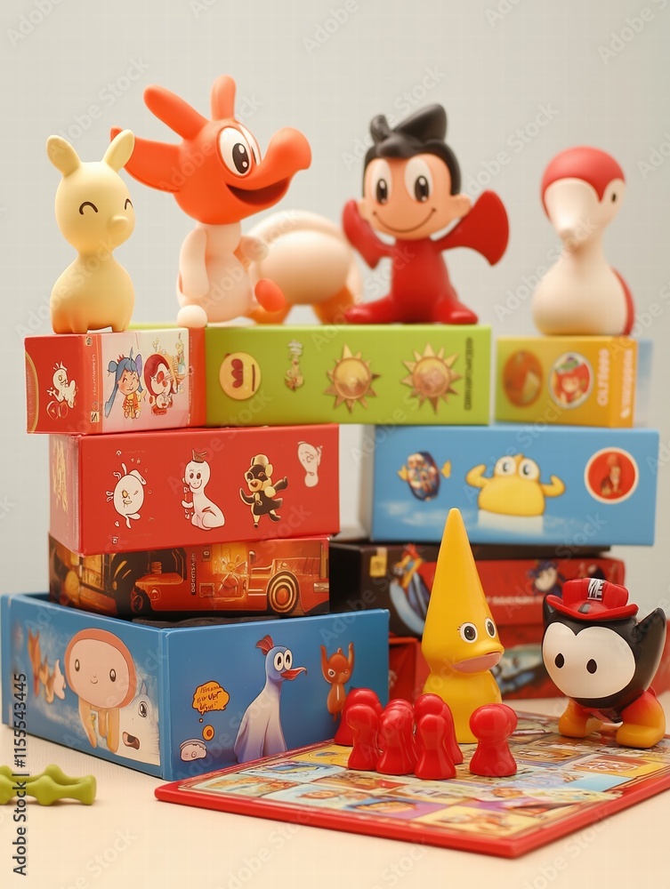 Stack of Colorful Cartoon Character Game Boxes Stack of Colorful Cartoon Character Game Boxes
