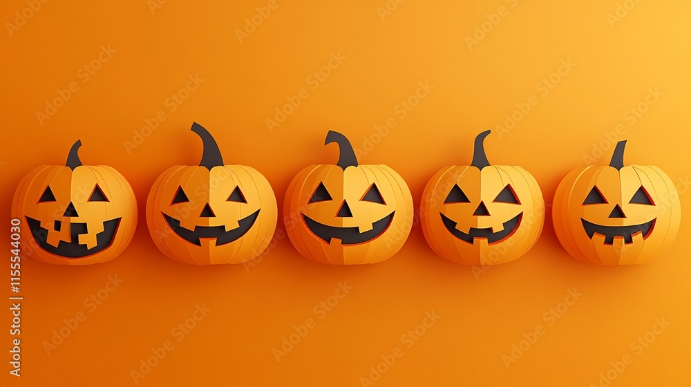 Five Jack-o'-lanterns in a Row on Orange Background: A Festive Halloween Image Five Jack-o'-lanterns in a Row on Orange Background: A Festive Halloween Image