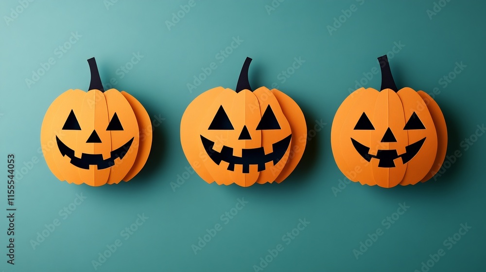 Three Paper Jack-o'-lanterns on Teal Background: Festive Halloween Decoration Three Paper Jack-o'-lanterns on Teal Background: Festive Halloween Decoration