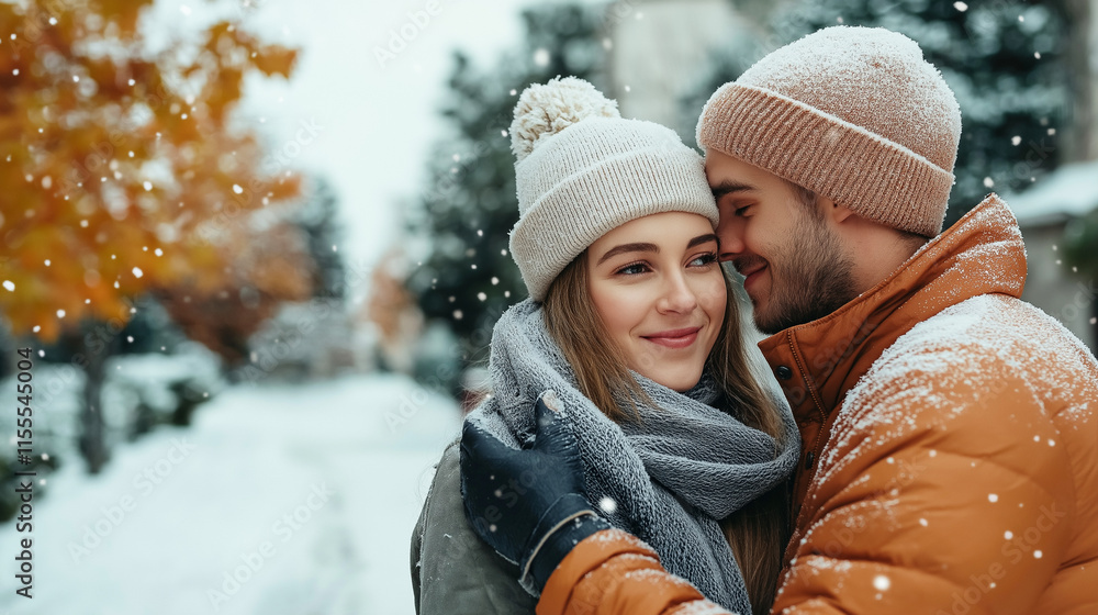 Obraz premium Happy couple embracing in a snowy winter setting with warm clothes and falling snowflakes