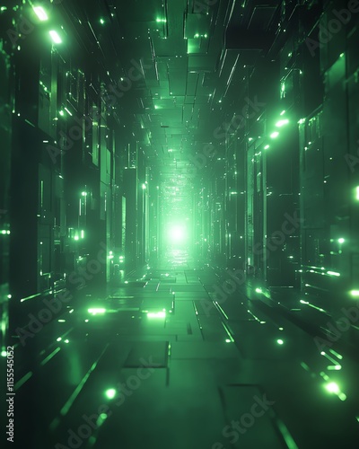 A futuristic green room with neon bright lights, creating a glowing, techinspired abstract background, with sharp geometric shapes and digital elements photo