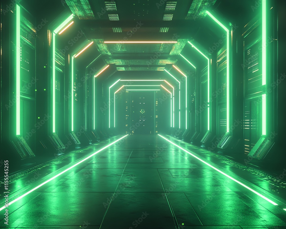 A futuristic green room with neon lights glowing across the space, creating an abstract digital background with sharp lines and glowing technology elements A futuristic green room with neon lights glowing across the space, creating an abstract digital background with sharp lines and glowing technology elements