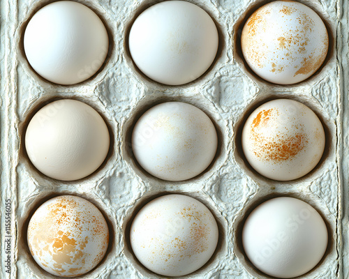 A dozen fresh eggs nestled in a cardboard carton, showcasing a variety of speckled and plain white shells.  Perfect for recipes, baking, or breakfast themes. photo