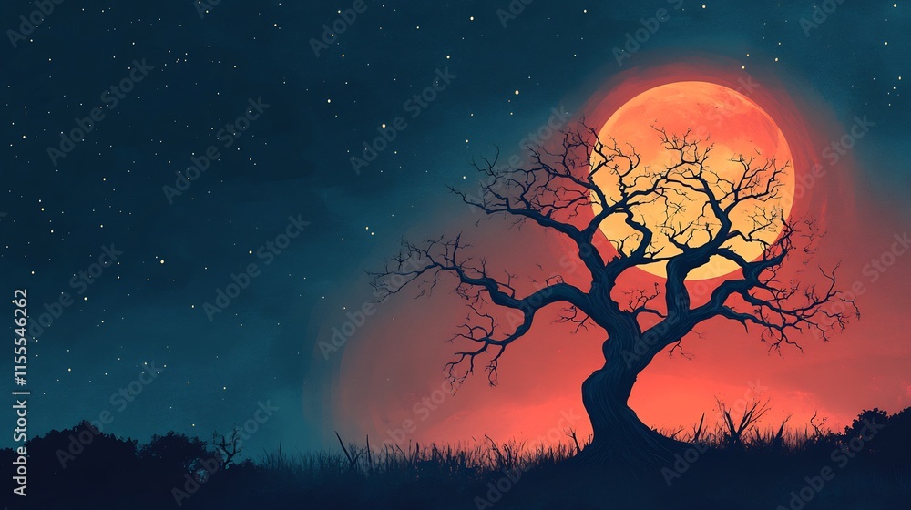 Enigmatic Night: Silhouette of a Leafless Tree Underneath a Blood Moon Enigmatic Night: Silhouette of a Leafless Tree Underneath a Blood Moon