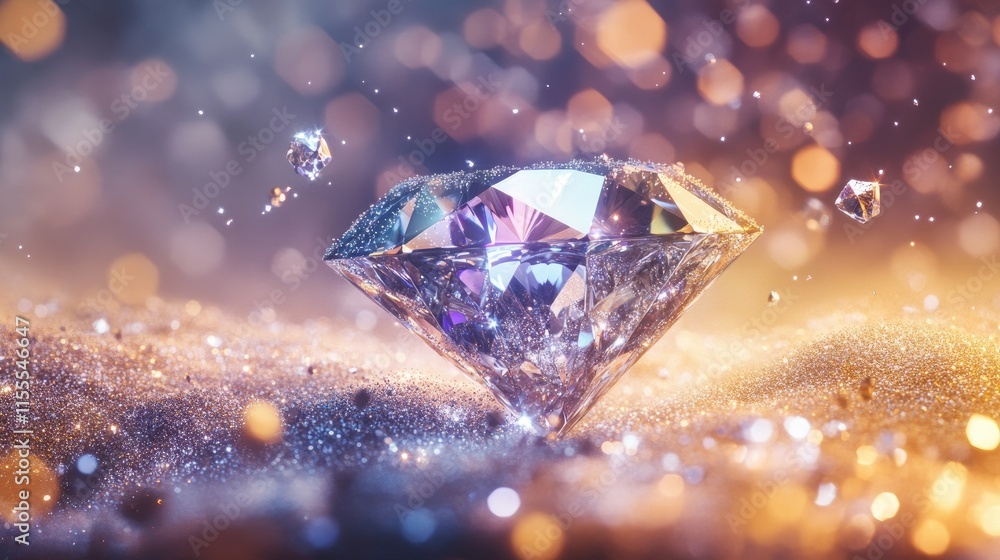 A dazzling diamond in mid-air reflects a prism of colors, surrounded by a sparkling mist of silver diamond dust. A dazzling diamond in mid-air reflects a prism of colors, surrounded by a sparkling mist of silver diamond dust.