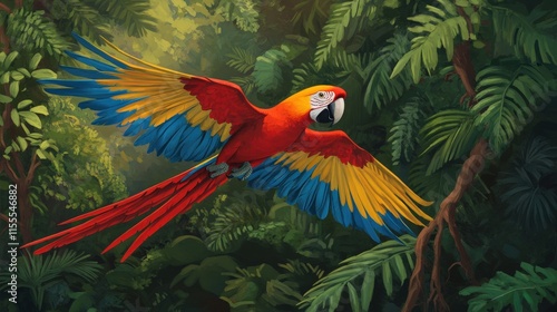 Wallpaper Mural Scarlet Macaw in Flight Through Lush Tropical Rainforest Torontodigital.ca