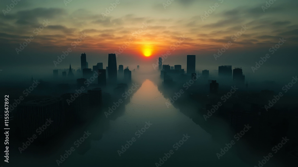 Fototapeta premium Polluted Industrial Cityscape at Dawn with Thick Fog and Hazy Sunrise