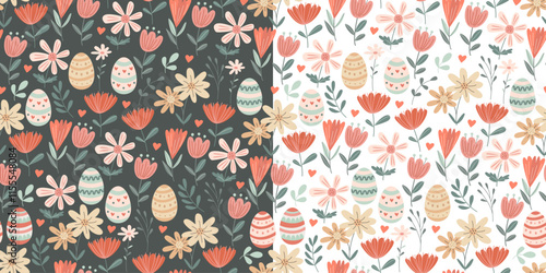 Set with two spring seamless patterns with Easter eggs and flowers on white and green backdrops. Vector illustration in hand drawn flat style, pastel colors. Ideal for wrapping paper, festive textile