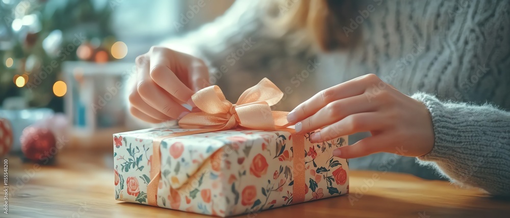 A young woman s hands crafting a gift box with patterned wrapping paper, tying a neat bow, perfect for holiday or birthday celebrations A young woman s hands crafting a gift box with patterned wrapping paper, tying a neat bow, perfect for holiday or birthday celebrations