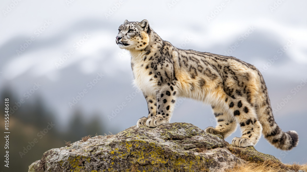 Fototapeta premium snow leopard majesty: a stunning portrait of the elusive mountain predator on its rocky perch