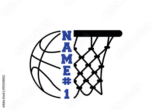 Black Bold Half Basketball and Half Hoop with Net Split Name Frame - Basketball Vector and Clip Art