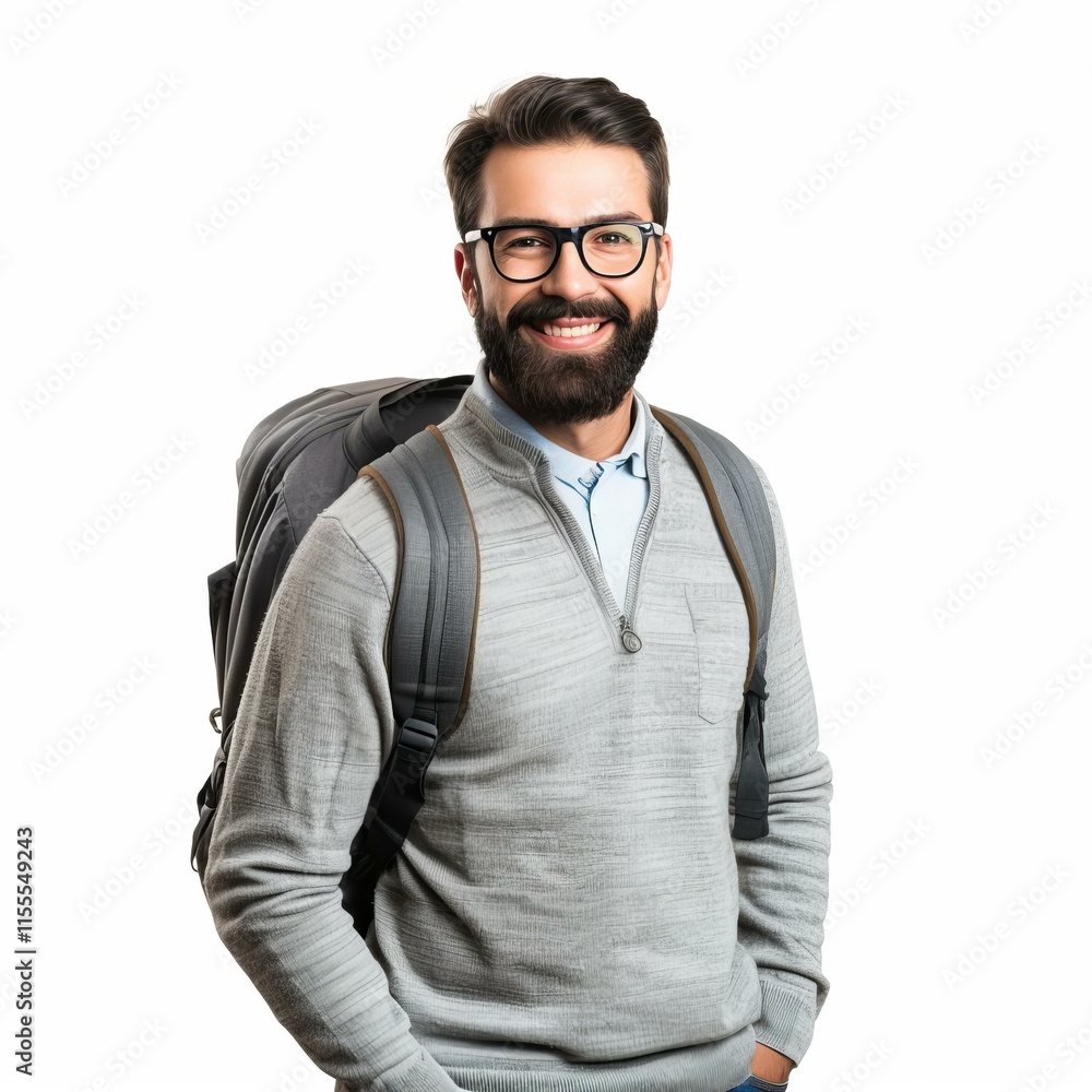 Portrait of a happy tourist wearing glasses and carrying backpack, ready for an exciting journey Portrait of a happy tourist wearing glasses and carrying backpack, ready for an exciting journey