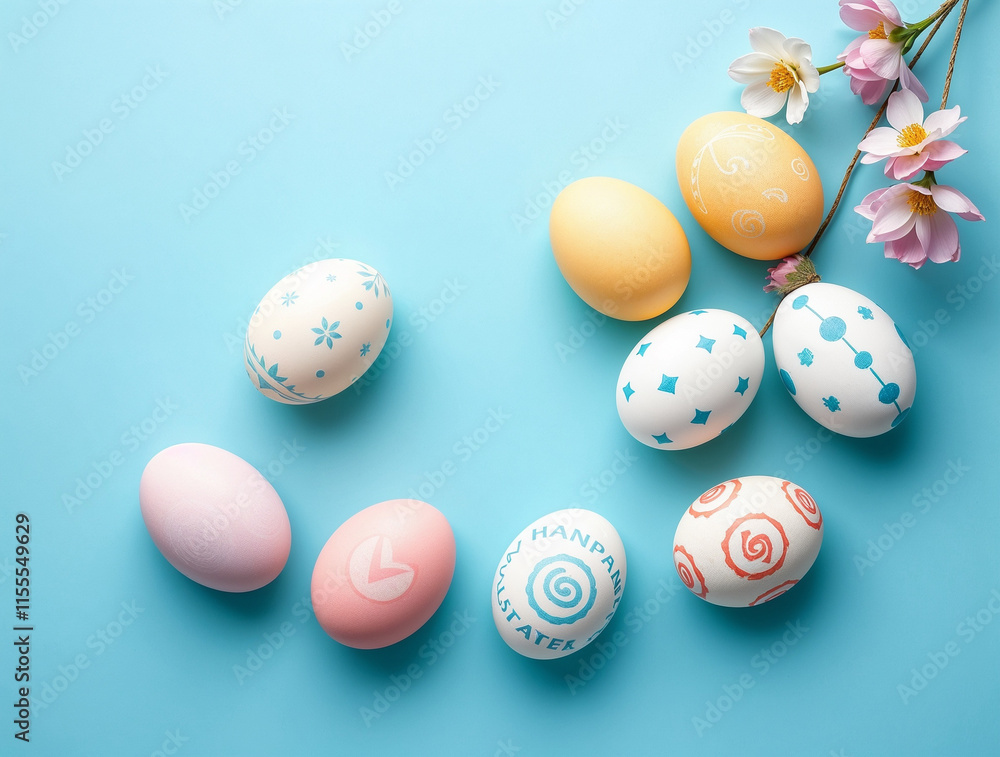 Colorful hand-painted easter eggs displayed on pastel blue background seasonal art indoor setting creative perspective celebrating spring Colorful hand-painted easter eggs displayed on pastel blue background seasonal art indoor setting creative perspective celebrating spring