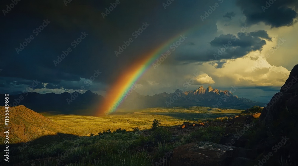 Scenic landscape featuring a vibrant rainbow. Scenic landscape featuring a vibrant rainbow.
