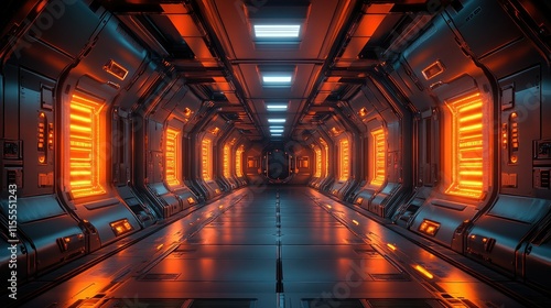 Futuristic Spaceship Corridor  Glowing Orange and Blue Interior