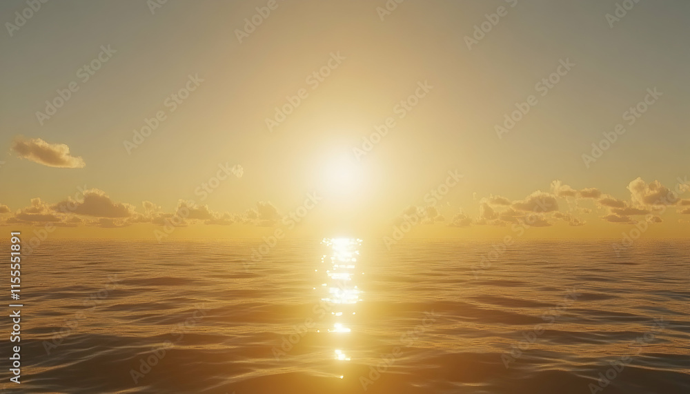 Naklejka premium Golden sunset over calm ocean waters, peaceful and serene seascape. Perfect for travel, vacation, or relaxation themes.