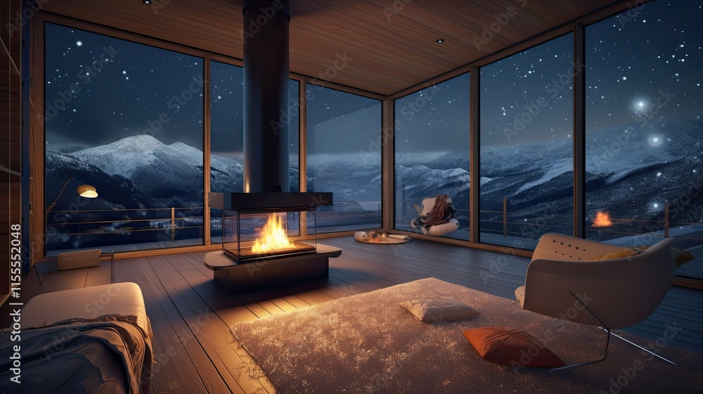 Fototapeta premium Relax in a spacious living room with a view of snowy mountains