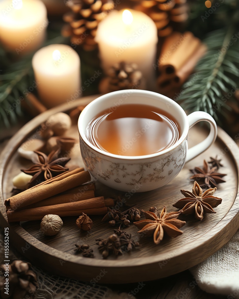 A winterinspired tea scene with a cup of tea, cinnamon, and an assortment of spices like cardamom and cloves, set on a wooden tray with a candlelit ambiance A winterinspired tea scene with a cup of tea, cinnamon, and an assortment of spices like cardamom and cloves, set on a wooden tray with a candlelit ambiance